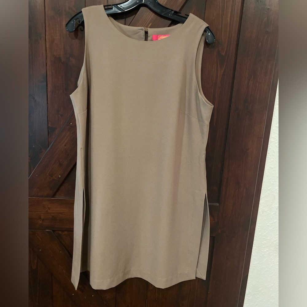 Catherine Malandrino Tan Light Brown Sleeveless Tunic Top Mini Dress L Slits AA